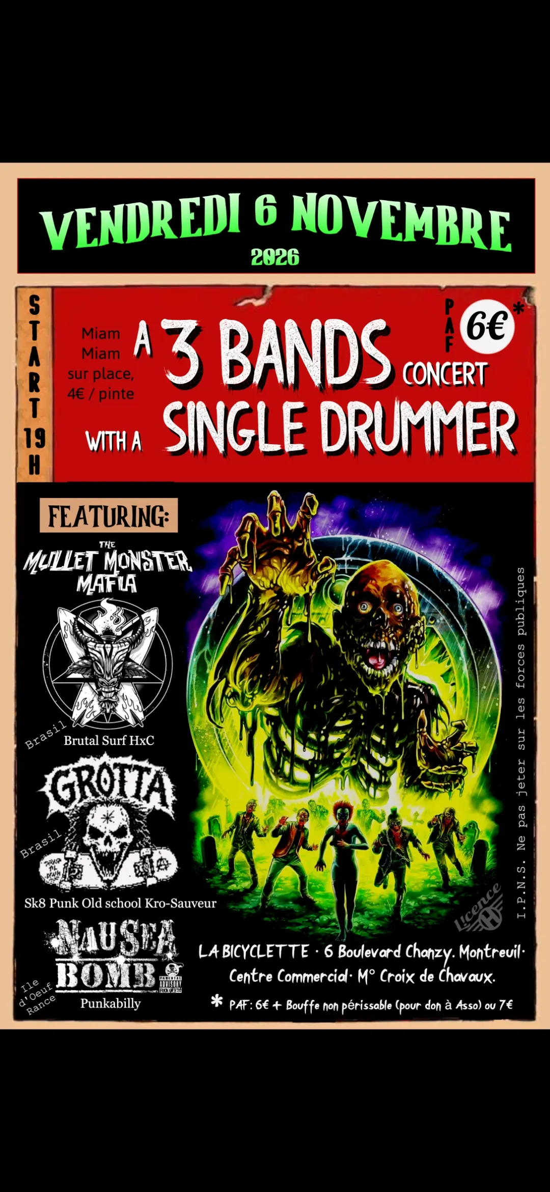 Concert punk 3 groupes/ 1 Batteur - Montreuil le 06/11/2026 | Agenda concert punk